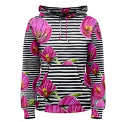 Pink Flowers Black Stripes Women s Pullover Hoodie by GardenOfOphir