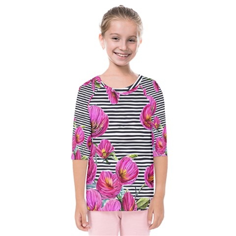 Pink Flowers Black Stripes Kids  Quarter Sleeve Raglan Tee by GardenOfOphir