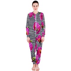 Pink Flowers Black Stripes Onepiece Jumpsuit (ladies) by GardenOfOphir