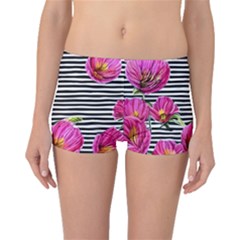 Pink Flowers Black Stripes Boyleg Bikini Bottoms by GardenOfOphir