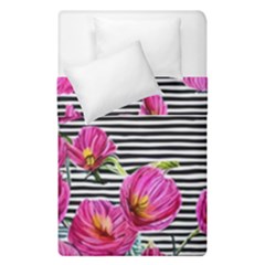 Pink Flowers Black Stripes Duvet Cover Double Side (single Size) by GardenOfOphir