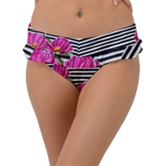 Pink Flowers Black Stripes Frill Bikini Bottoms by GardenOfOphir