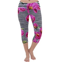 Pink Flowers Black Stripes Capri Yoga Leggings by GardenOfOphir