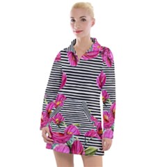 Pink Flowers Black Stripes Women s Long Sleeve Casual Dress by GardenOfOphir