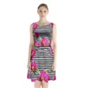 Pink Flowers Black Stripes Sleeveless Waist Tie Chiffon Dress View1