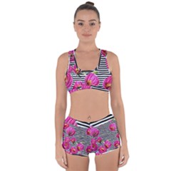 Pink Flowers Black Stripes Racerback Boyleg Bikini Set by GardenOfOphir