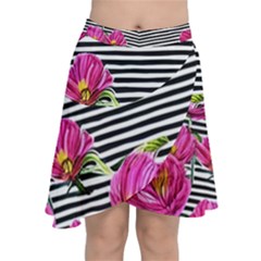 Pink Flowers Black Stripes Chiffon Wrap Front Skirt by GardenOfOphir