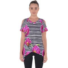 Pink Flowers Black Stripes Cut Out Side Drop Tee by GardenOfOphir