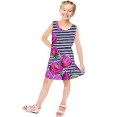 Pink Flowers Black Stripes Kids  Tunic Dress by GardenOfOphir