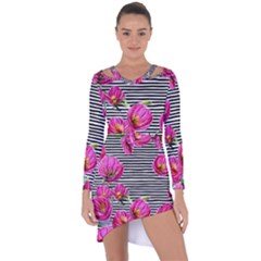 Pink Flowers Black Stripes Asymmetric Cut-out Shift Dress by GardenOfOphir