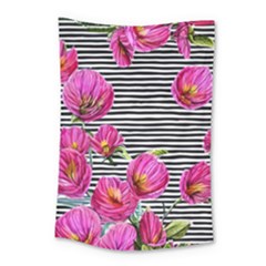 Pink Flowers Black Stripes Small Tapestry by GardenOfOphir