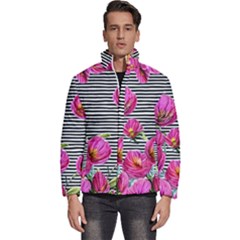 Pink Flowers Black Stripes Men s Puffer Bubble Jacket Coat by GardenOfOphir