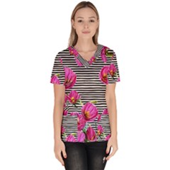 Pink Flowers Black Stripes Women s V-neck Scrub Top by GardenOfOphir