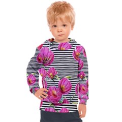 Pink Flowers Black Stripes Kids  Hooded Pullover by GardenOfOphir