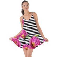 Pink Flowers Black Stripes Love The Sun Cover Up by GardenOfOphir