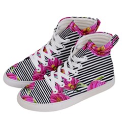 Pink Flowers Black Stripes Women s Hi-top Skate Sneakers by GardenOfOphir