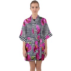 Pink Flowers Black Stripes Half Sleeve Satin Kimono  by GardenOfOphir