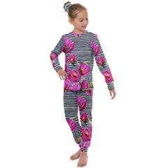 Pink Flowers Black Stripes Kids  Long Sleeve Set  by GardenOfOphir