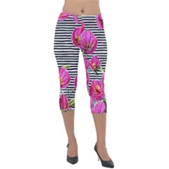 Pink Flowers Black Stripes Lightweight Velour Capri Leggings  by GardenOfOphir