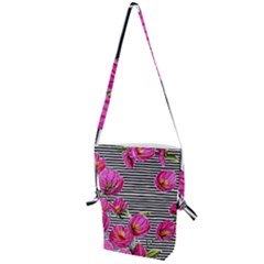 Pink Flowers Black Stripes Folding Shoulder Bag by GardenOfOphir