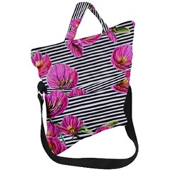 Pink Flowers Black Stripes Fold Over Handle Tote Bag by GardenOfOphir