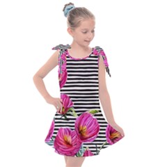 Pink Flowers Black Stripes Kids  Tie Up Tunic Dress by GardenOfOphir