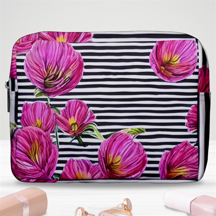 Pink Flowers Black Stripes Make Up Pouch (Large)