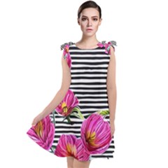 Pink Flowers Black Stripes Tie Up Tunic Dress by GardenOfOphir