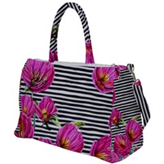 Pink Flowers Black Stripes Duffel Travel Bag by GardenOfOphir