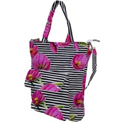 Pink Flowers Black Stripes Shoulder Tote Bag by GardenOfOphir