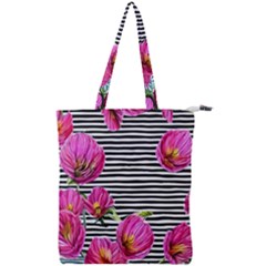 Pink Flowers Black Stripes Double Zip Up Tote Bag by GardenOfOphir