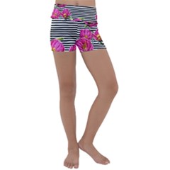 Pink Flowers Black Stripes Kids  Lightweight Velour Yoga Shorts by GardenOfOphir