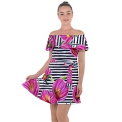 Pink Flowers Black Stripes Off Shoulder Velour Dress by GardenOfOphir