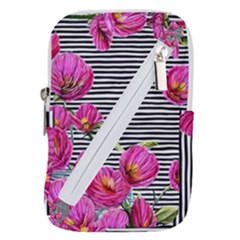 Pink Flowers Black Stripes Belt Pouch Bag (small) by GardenOfOphir