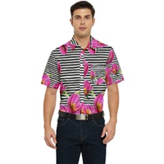 Pink Flowers Black Stripes Men s Short Sleeve Pocket Shirt  by GardenOfOphir