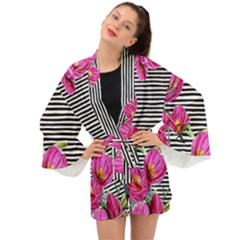 Pink Flowers Black Stripes Long Sleeve Kimono by GardenOfOphir