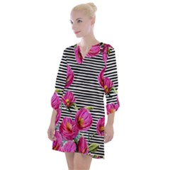 Pink Flowers Black Stripes Open Neck Shift Dress by GardenOfOphir