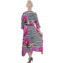 Pink Flowers Black Stripes Quarter Sleeve Wrap Front Maxi Dress View2