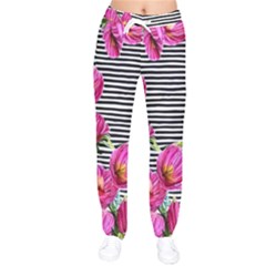 Pink Flowers Black Stripes Women Velvet Drawstring Pants by GardenOfOphir