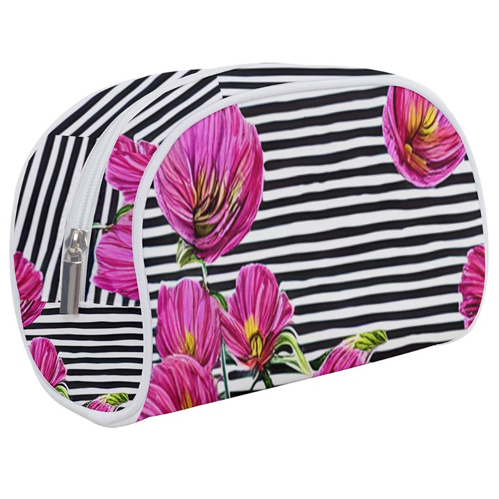 Pink Flowers Black Stripes Make Up Case (Medium)