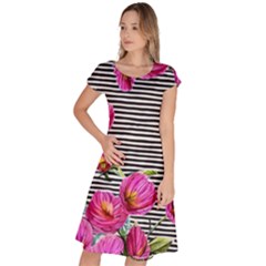 Pink Flowers Black Stripes Classic Short Sleeve Dress by GardenOfOphir