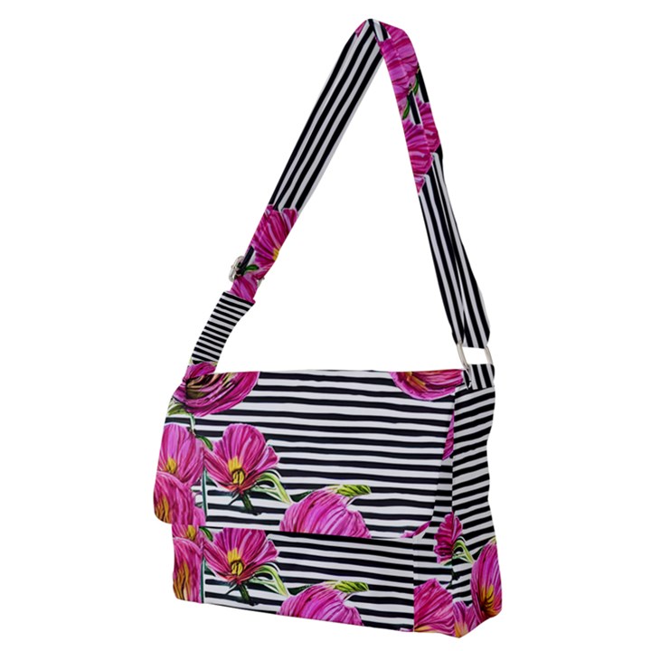 Pink Flowers Black Stripes Full Print Messenger Bag (M)