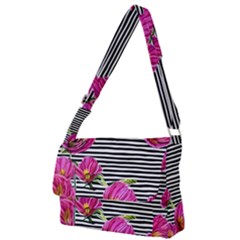 Pink Flowers Black Stripes Full Print Messenger Bag (l) by GardenOfOphir