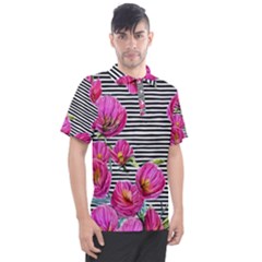 Pink Flowers Black Stripes Men s Polo Tee by GardenOfOphir