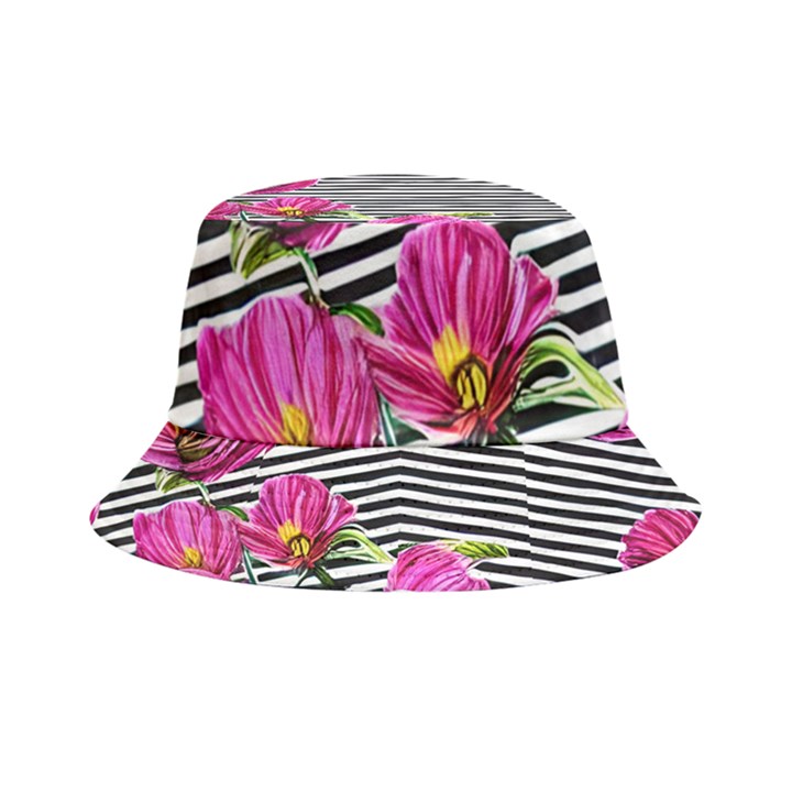 Pink Flowers Black Stripes Inside Out Bucket Hat