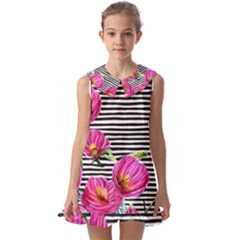 Pink Flowers Black Stripes Kids  Pilgrim Collar Ruffle Hem Dress