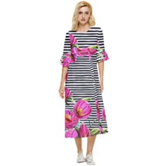 Pink Flowers Black Stripes Double Cuff Midi Dress by GardenOfOphir