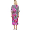 Pink Flowers Black Stripes Double Cuff Midi Dress View4