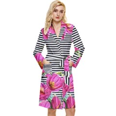 Pink Flowers Black Stripes Long Sleeve Velvet Robe by GardenOfOphir