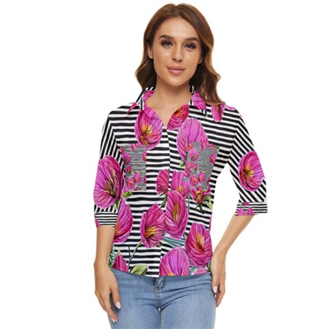 Pink Flowers Black Stripes Women s Quarter Sleeve Pocket Shirt by GardenOfOphir